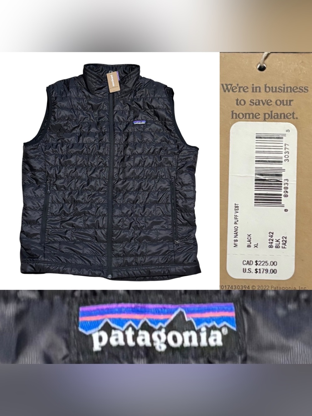 NWT Patagonia Nano Puff Vest Primaloft Quilted Full Zip Men’s Size XL In Black